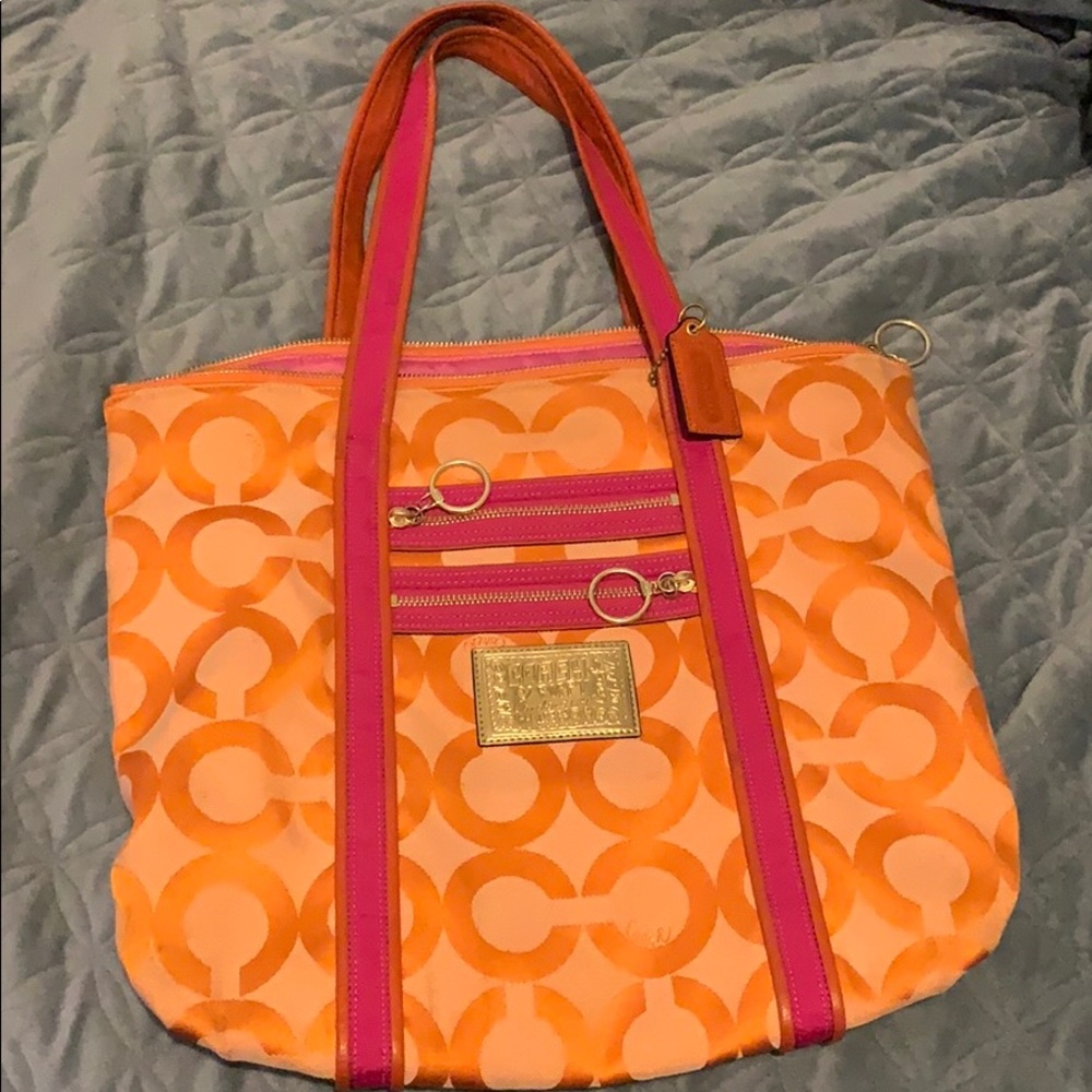 Coach poppy tote orange and pink